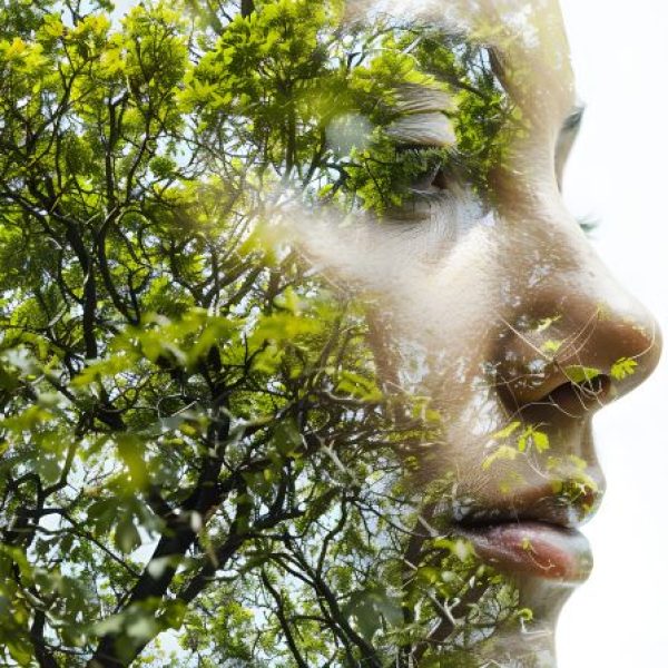 Doppelte Belichtung eines seitlichen Gesichtsporträts einer jungen Frau mit geschlossenen Augen kombiniert mit einem Bild von grünen Baumzweigen und Blättern.